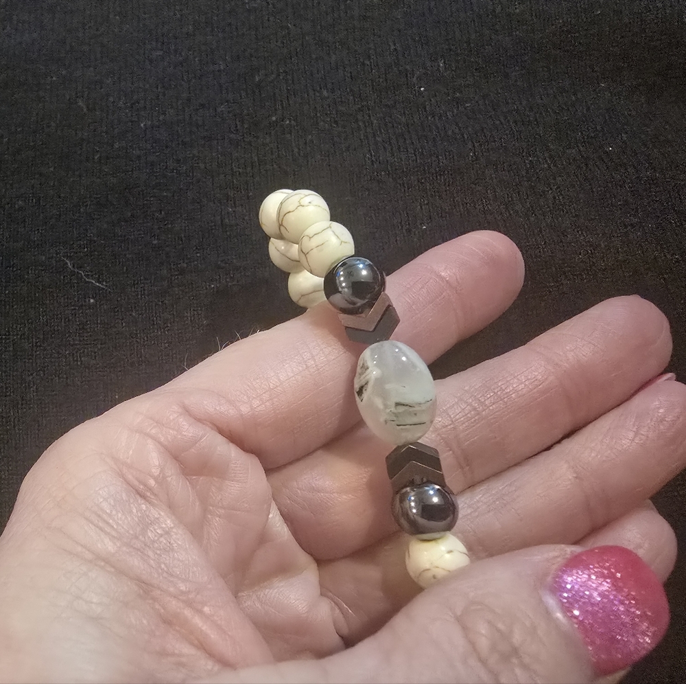 Rustic Cuff Cream Bead Bracelet with Hematite Accents